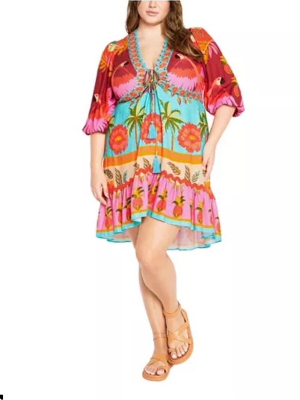 NWT City Chic Tropical Linen Blend Boho Dress Colorful Mini, Plus Size S - Picture 2 of 9